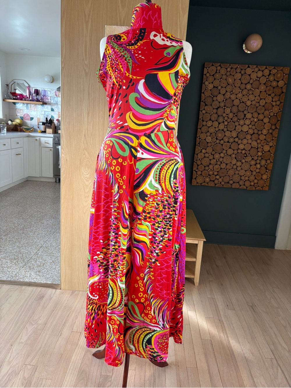 Palm Springs Bold Red Sleeveless Jumpsuit with Multicolor Abstract Print.